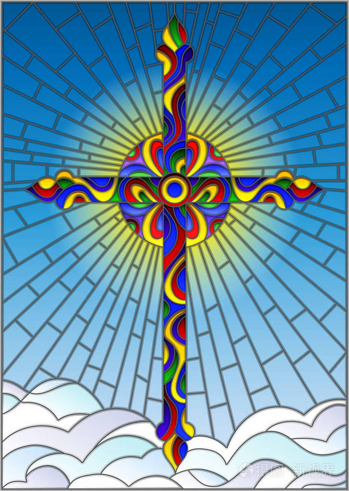 插图在彩色玻璃风格与明亮的十字架,在背景上的蓝色的天空和云插画