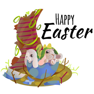 快乐和可爱的复活节兔子坐在与复活节彩蛋在绿色的草地，矢量图上篮。在白色的背景，与春天兔子巧克力蛋狩猎贺卡上设置分离