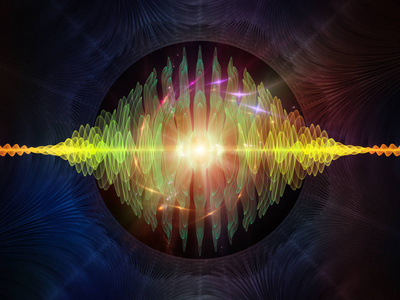 波函数系列。背景由彩色正弦振动光和分形元素组成, 用于音响均衡器音乐频谱和量子概率项目中。