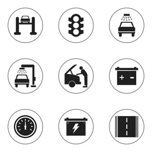 9 可编辑运输图标集。包括汽车服务 车辆清洗 公路等的符号。可用于 Web 移动 Ui 和数据图表设计