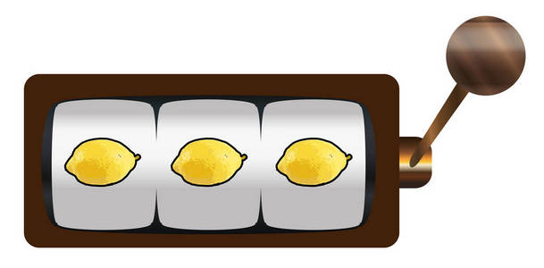 一个典型的卡通风格三柠檬在一个旋转的失败者一个武装强盗或水果机在白色背景下