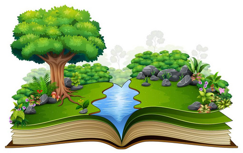 自然背景下的河流与绿色植物开放书的矢量插图