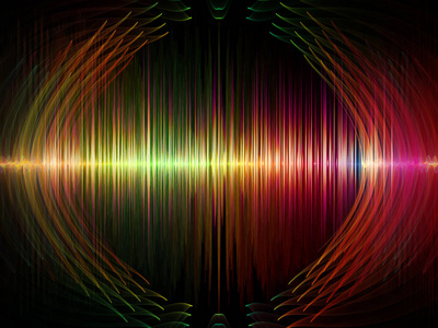 波函数系列。彩色正弦振动光和分形元素的背景设计在声音均衡器音乐谱和量子概率上的插图