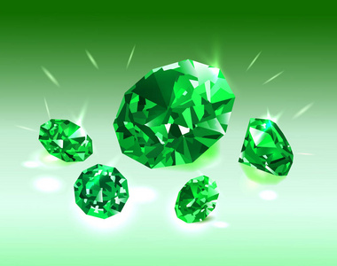 绿钻石美丽明亮的绿色钻石翡翠在绿色的背景.矢量插图照片
