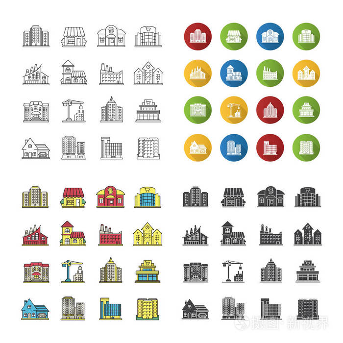 城市建筑图标设置.立面.城市建筑.线性,平面设计,颜色和字形样式.