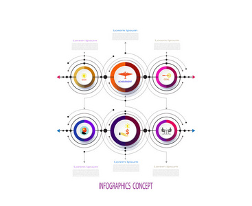 矢量图表业务设计模板与 3 d, 集成圆。具有选项的业务概念。对于内容图表流程图步骤部件时间线图表工作流布局图表
