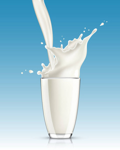 新鲜的牛奶倒入玻璃和飞溅