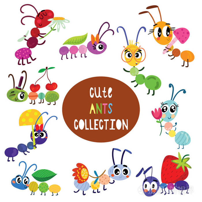可爱的卡通蚂蚁设置有趣的字符设置为您的设计在不同的姿势彩色详细的