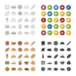 烘焙图标设置。糕点。糖果。面包, 包子, 饼干, macaron, 煎饼。线性平面设计颜色和字形样式。孤立向量插图