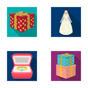 一场婚礼，新娘面纱和一件衣服，一枚戒指在与钻石订婚钻戒 礼品包装盒礼物盒。婚礼在矢量符号股票在平面样式中设置集合图标
