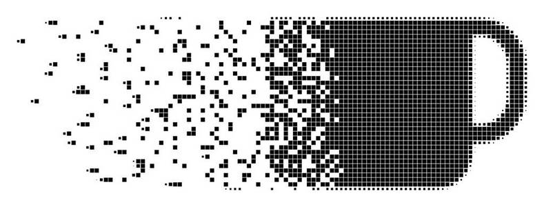 溶解茶杯点矢量图标具有崩解效果。方形点被组合成消散的茶杯图