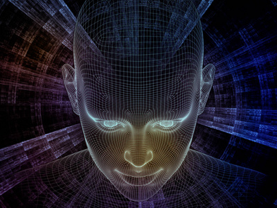辐射的情怀系列。3d 渲染的丝网格模型的主体的人的心灵 人工智能 虚拟现实人类头部和分形图案