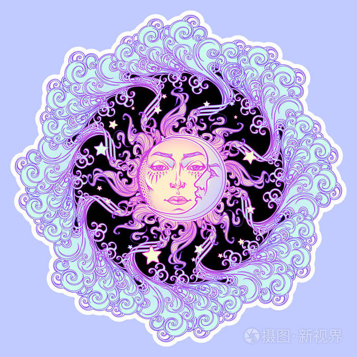 童话风格太阳与人脸在卷曲的华丽云上休息.