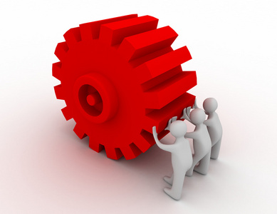 金属人推沉重的齿轮3d 老翁推齿轮齿轮商人推齿轮推动齿轮商人手推向