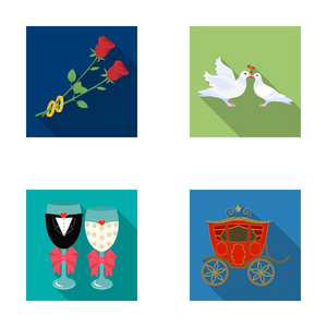 两个红色玫瑰与圆环，鸽子接吻与心，婚礼眼镜与弓箭和香槟，一辆马车的节日仪式。婚礼在矢量符号股票在平面样式中设置集合图标