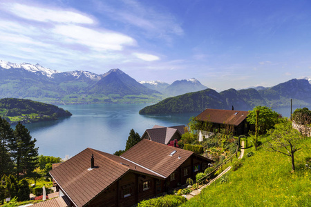 从 Rigi Kulm 卢塞恩瑞士的花卉湖泊高山雪森林和天空景观观