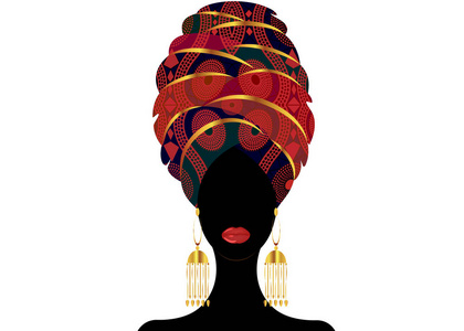 在头巾的年轻黑人妇女的肖像。动漫非洲美人。在白色背景上隔离的矢量颜色插图。传统的科特头裹非洲。安卡拉布族头巾