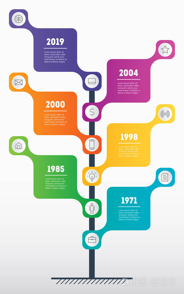 带彩色 rectangulars 的时间线树在白色背景上被隔离