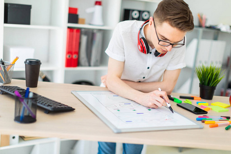 一个戴眼镜的年轻人站在电脑桌旁。一个年轻人在磁板上画一个记号。在颈部, 男人耳机挂