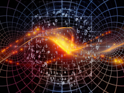 数字系列技术。作为技术科学和计算机信息世界的背景的数字网格和光源的构成