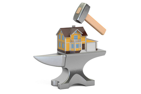 铁砧与房子,3d 渲染插画