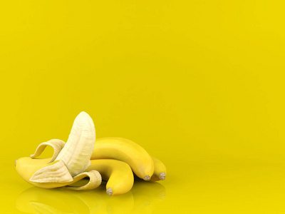 去皮香蕉和一串香蕉在黄色背景与拷贝空间, 3d 渲染