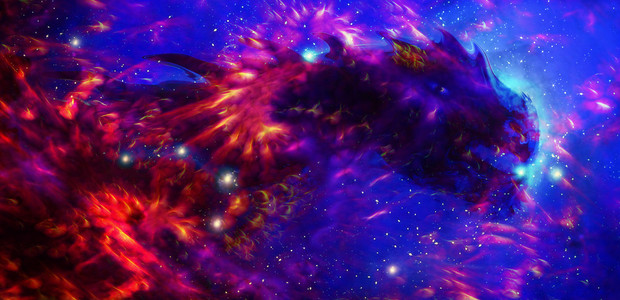 在空间和星星 蓝色和红色的宇宙抽象背景的宇宙龙。防火的效果