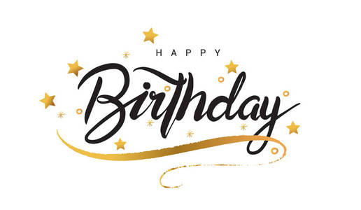 爱心黑白简约生日快乐黑白简约卡, 手拉刻字和金色丝带.矢量插图照片