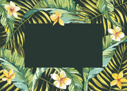 热带树叶组成背景。平面形状手绘。绿色的黑鸟的鸡蛋花的花朵。Eps 10