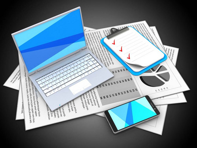 3d 文件和白色笔记本电脑插图与剪贴板黑色背景