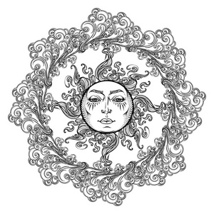 童话风格太阳与人脸被卷曲的华丽云雾包围着.