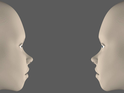 背景与人的面孔。一个男人的两个面孔互相看着对方。人的对峙3d。矢量插图