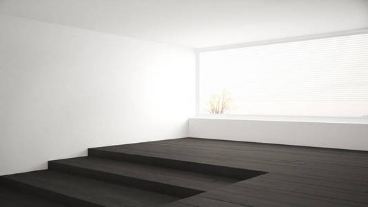 空旷的房间里大全景窗户和楼梯,深色的实木复合地板 fl照片