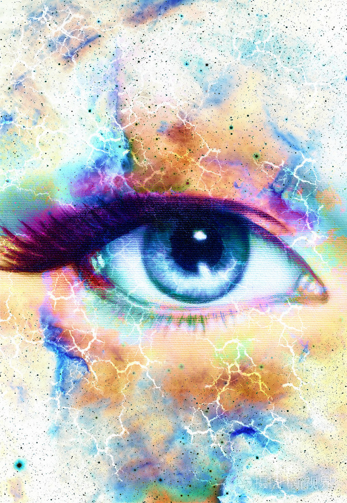 女人的眼睛和宇宙空间的星星抽象色彩背景眼神的交流