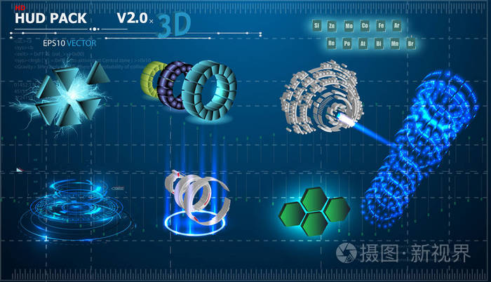 梦幻般的抽象背景与不同的设置3d 元素的平显。大量的各种平显元素。图表, 评级样式