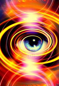 女人的眼睛和黄色光的圆圈,抽象色彩背景,目光接触照片