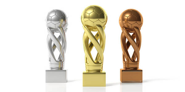 足球优胜者。足球足球金, 银和青铜奖杯被隔离在白色背景。3d 插图