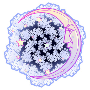 童话风格冬季新月与人脸和雪花在中间。纹身或贺卡设计