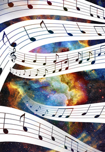 音乐音符和空间和带有抽象颜色背景的星星。