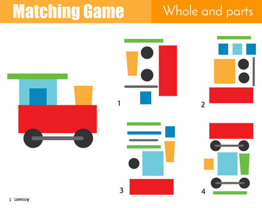 匹配的游戏。教育儿童活动与玩具火车。学习整体和部分类型为学龄前儿童和幼儿
