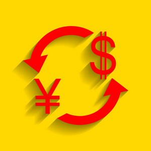 货币汇率的标志。日本日元和美国美元。矢量。与柔和的阴影，在金色的背景上的红色图标