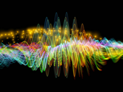 波函数系列。基于声音均衡器音乐谱和量子概率的彩色正弦振动光和分形元素的背景设计