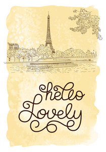礼品卡用手刻字你好可爱和巴黎的剪影