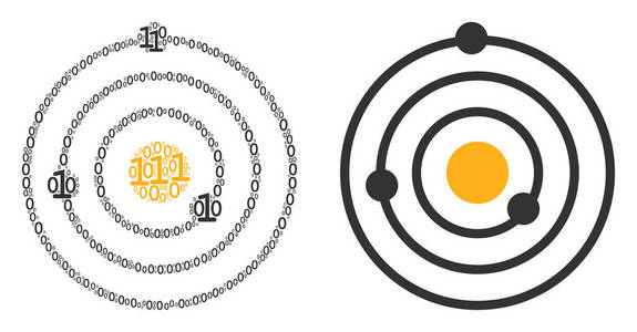 太阳系马赛克图标零和空数字随机大小。矢量数字符号组合成太阳系拼贴设计理念