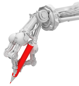 机器人手臂与三手指白色特写, 红色铅笔, 3d 插图, 水平背景