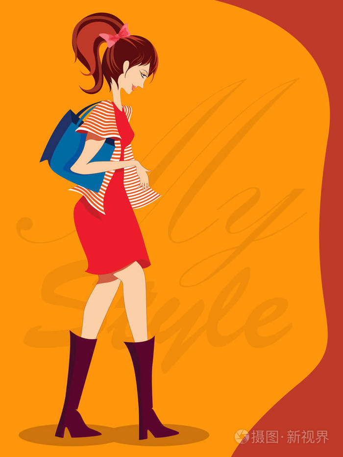 时尚时尚的女孩, 美丽的女人侧面看卡通人物, 时尚封面设计-矢量插画