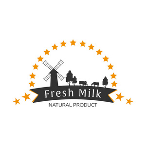 牛奶的标志 标签 标志和设计元素。清新 自然的牛奶。牛奶农场。牛奶。矢量标识设计