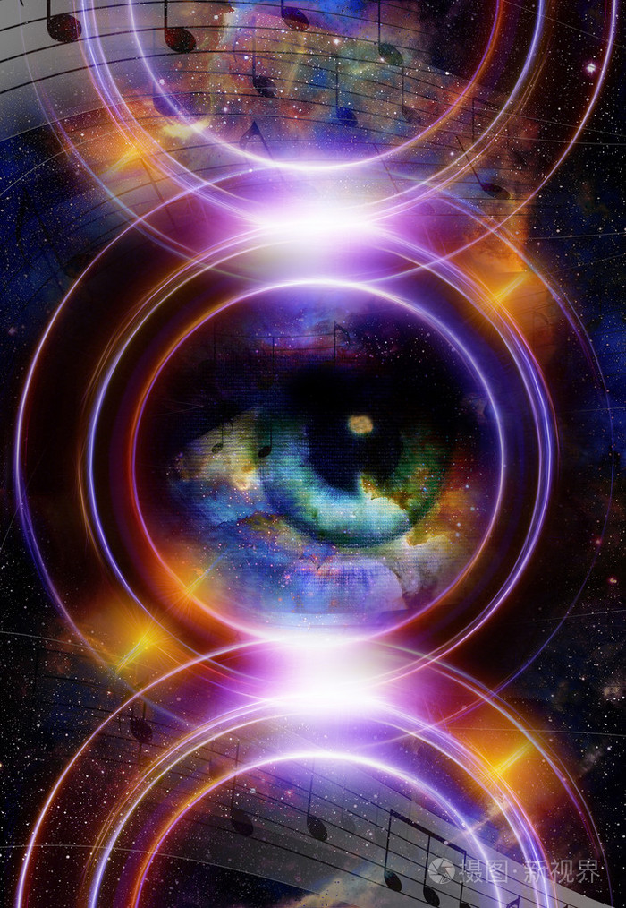 女人眼音乐笔记和宇宙空间的星星音频音乐扬声器剪影抽
