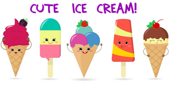 一组五不同的甜冰淇淋笑脸在背景与文本。卡通风格