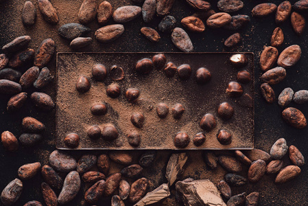巧克力棒的高视图与榛子包围的可可豆被磨碎的巧克力覆盖